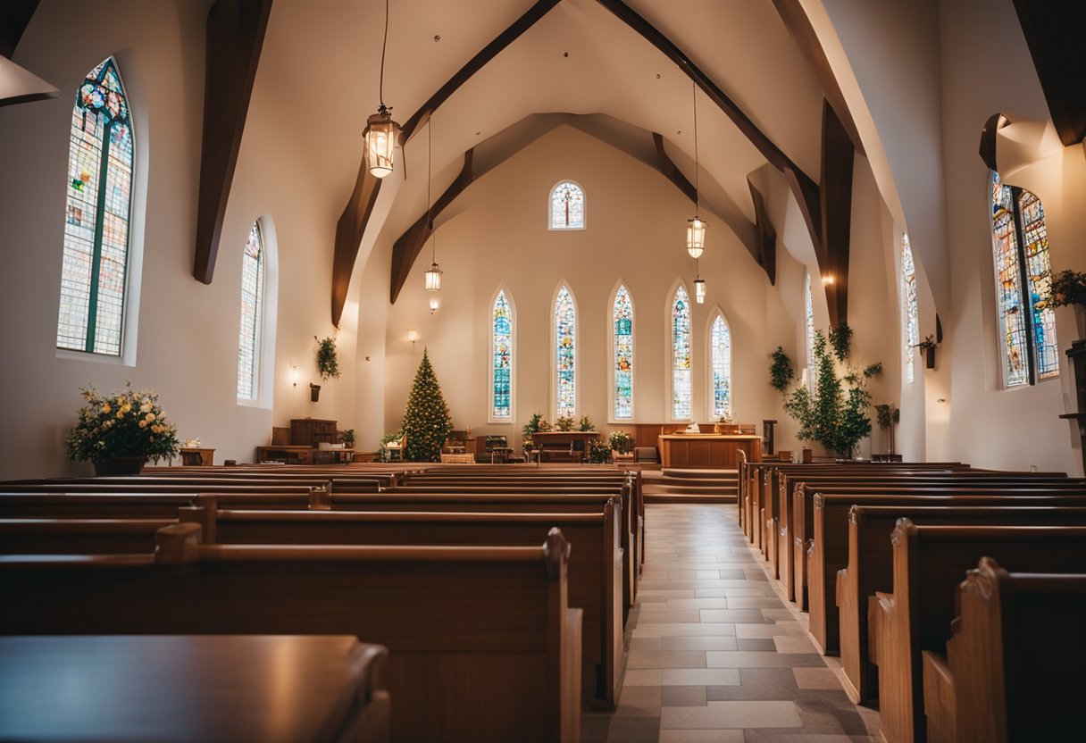A cozy church interior with warm lighting, comfortable seating, and a welcoming atmosphere
