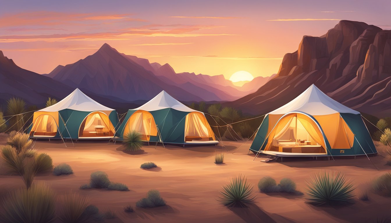 The sun sets behind the majestic Big Bend mountains, casting a warm glow over the luxurious glamping tents nestled in the desert landscape