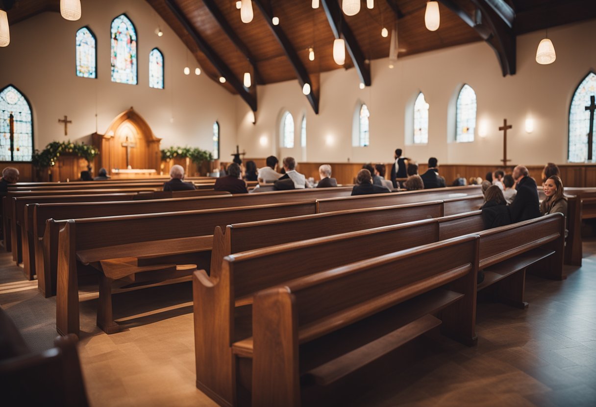 A church with a welcoming atmosphere, filled with warm lighting and comfortable seating. A sense of community and connection is evident, with people engaged in meaningful conversations and activities