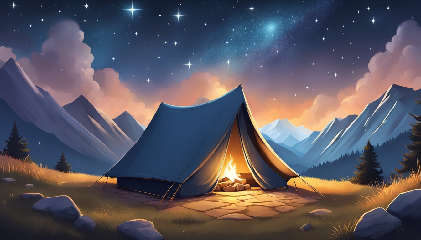 A cozy tent nestled among rugged mountains, with a crackling fire and a starry sky above