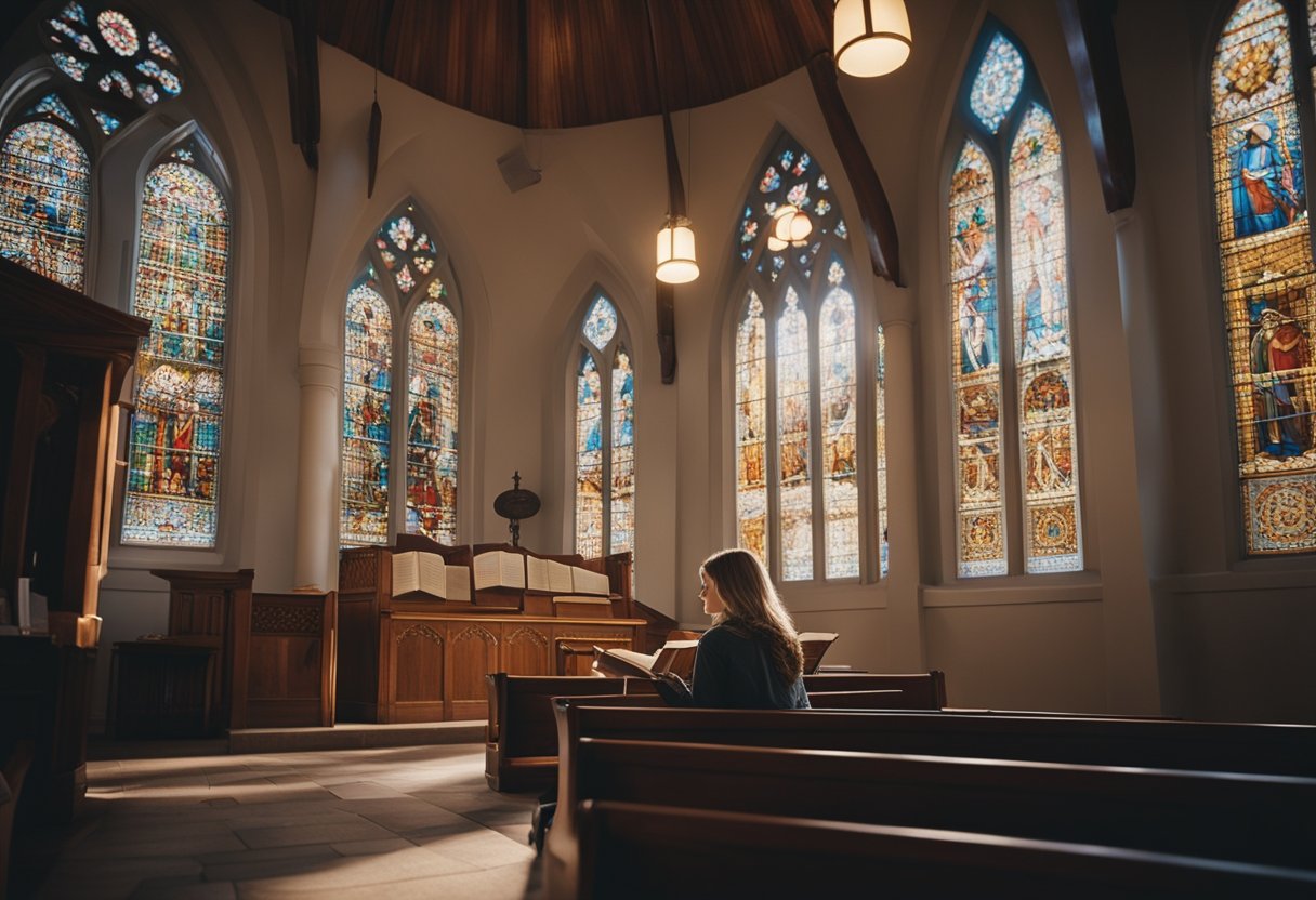 A quaint church with a serene atmosphere, filled with warm light and cozy seating areas. A woman sits reading a book, surrounded by beautiful stained glass windows and peaceful music playing in the background