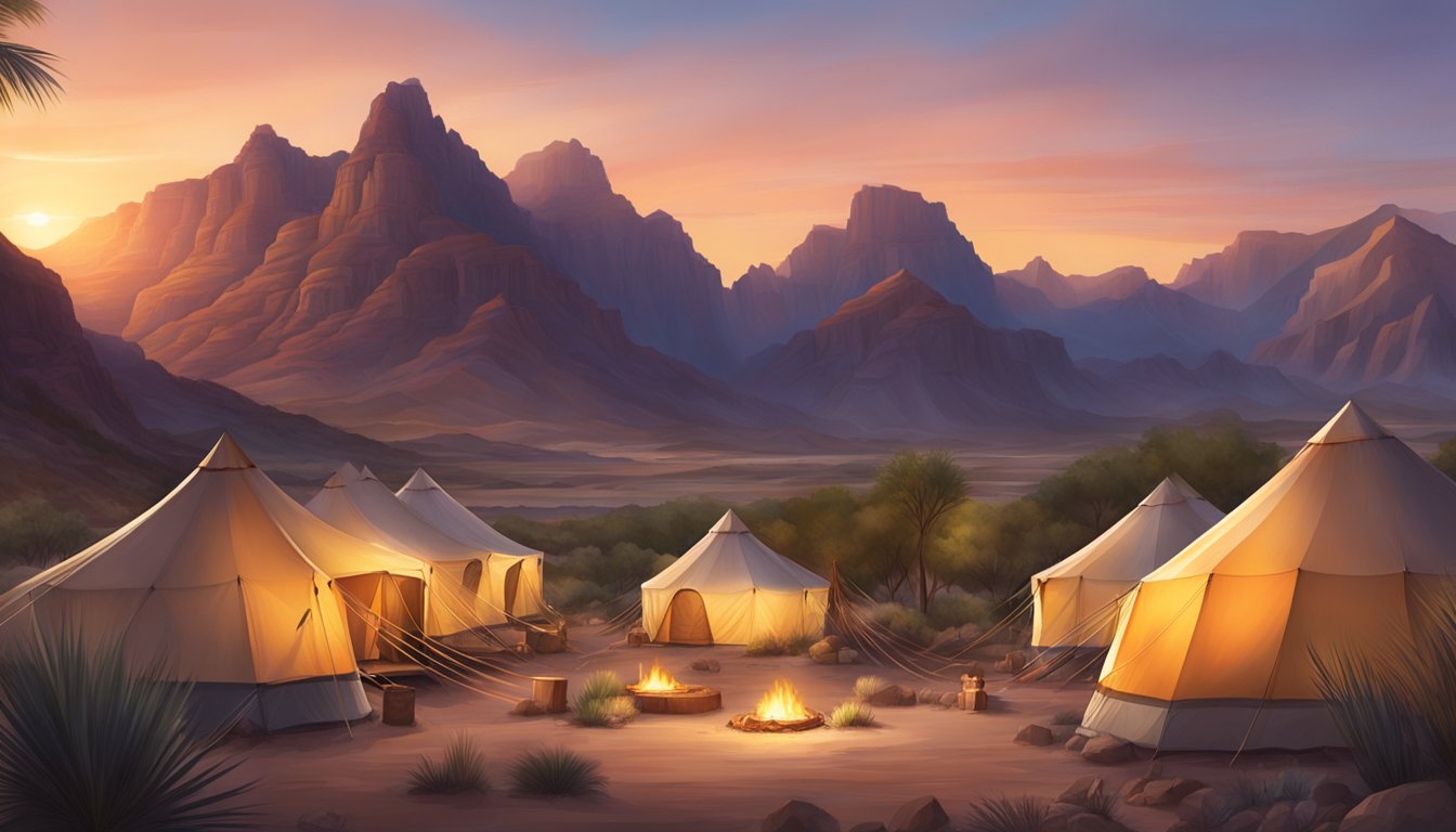 The sun sets behind the rugged mountains, casting a warm glow over the luxurious glamping tents nestled in the desert oasis of Big Bend
