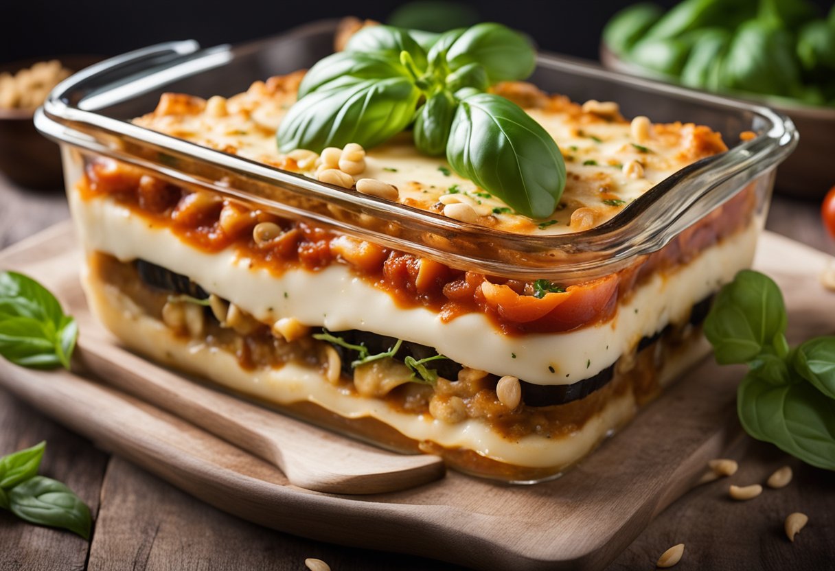 Eggplant lasagna being layered with cashew cheese, tomato sauce, and fresh basil in a glass baking dish