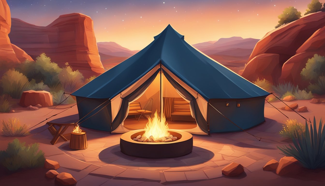 A cozy tent nestled among red rock formations, with a crackling fire pit and comfortable seating area outside. Twinkling string lights illuminate the space, creating a warm and inviting atmosphere