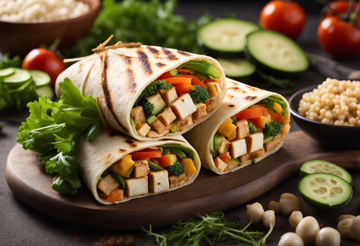 A sizzling tofu wrap being assembled with grilled tofu and crunchy vegetables on a clean cutting board