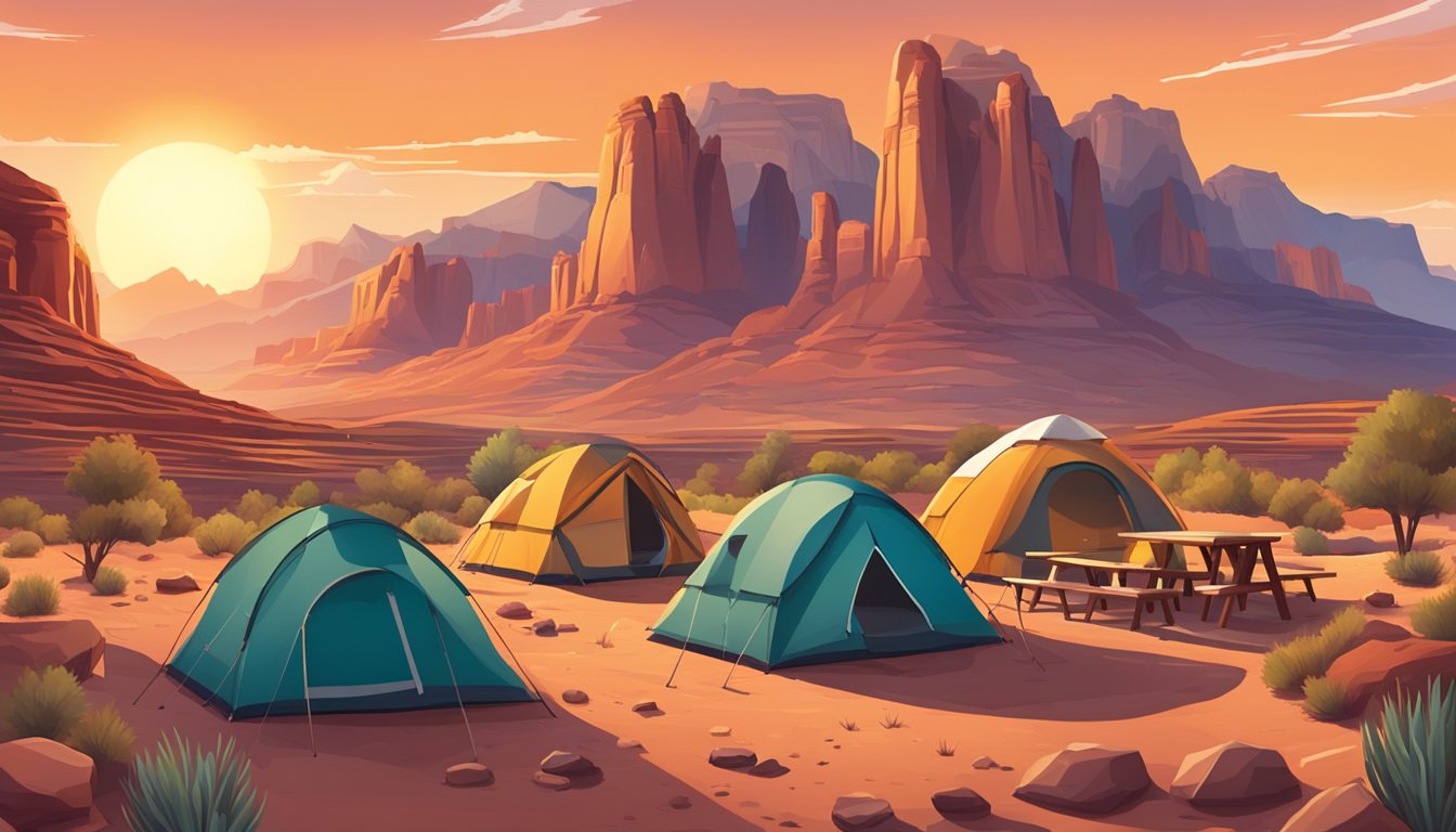 A group of tents nestled among red rock formations, with a campfire and picnic tables. Mountains loom in the background as the sun sets over the desert landscape