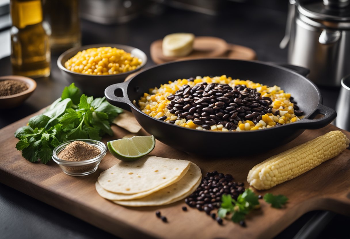 A kitchen counter with ingredients: black beans, corn, tortillas, spices, and a cutting board with a knife. A pot is simmering on the stove