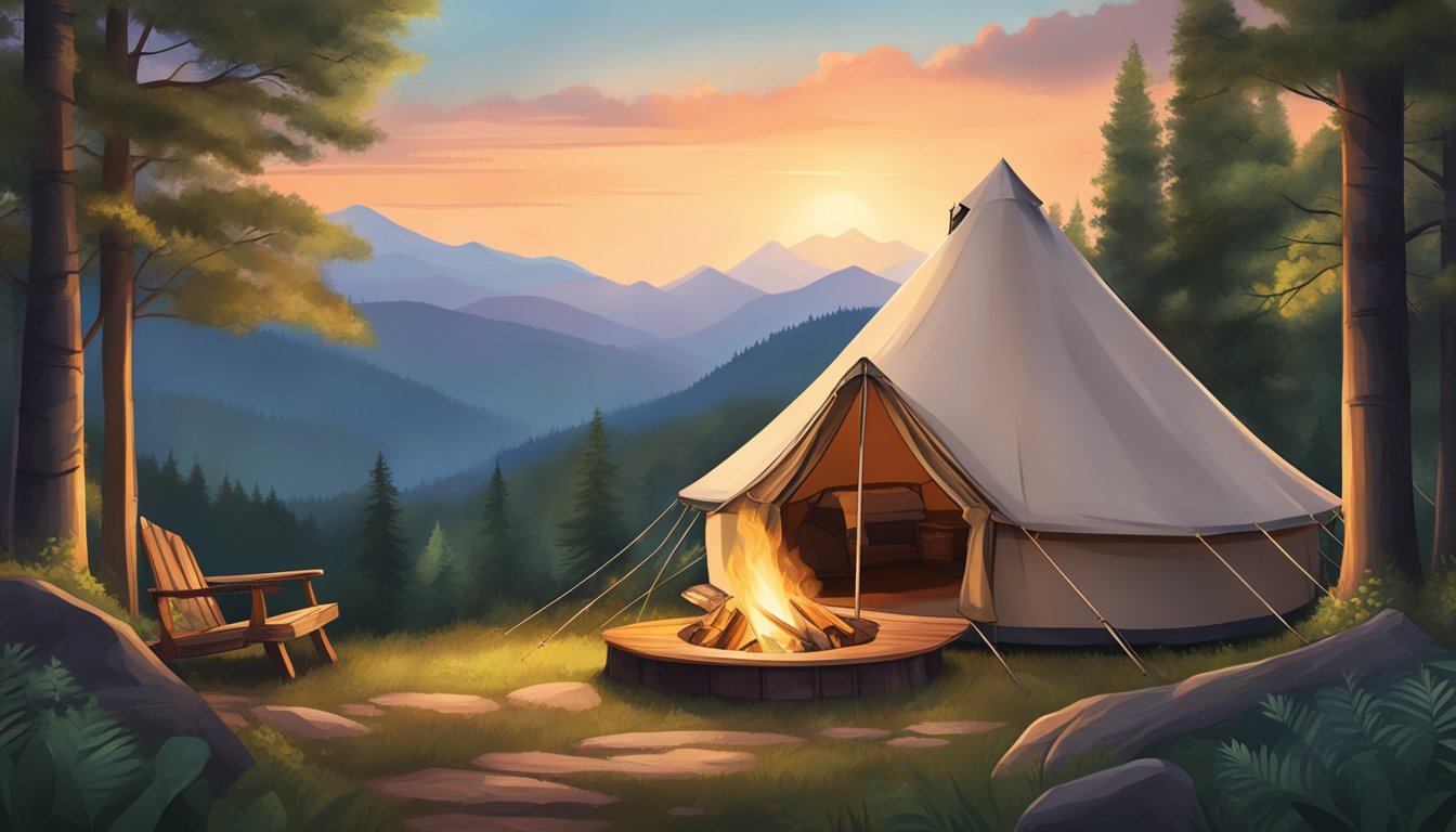A cozy glamping tent nestled in the lush greenery of the Smoky Mountains, with a crackling campfire and a breathtaking view of the mountain peaks