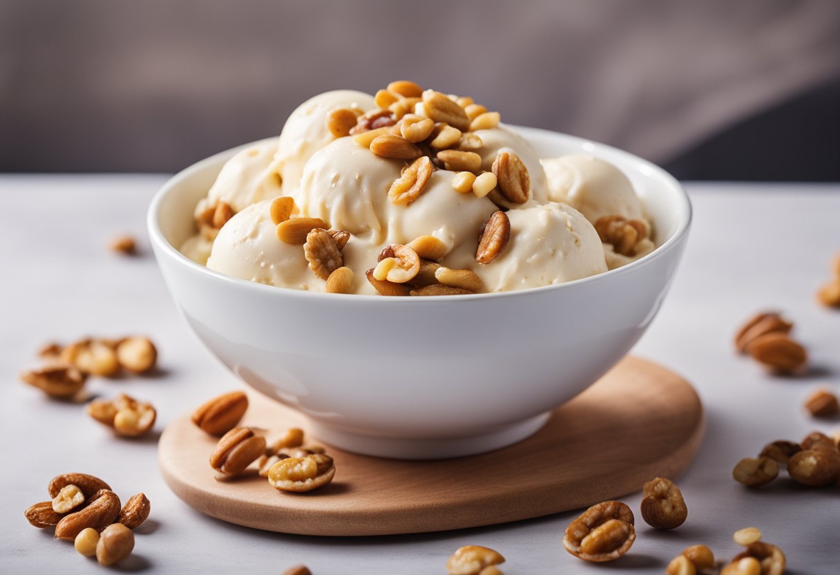 A bowl of banana ice cream topped with caramelized peanuts