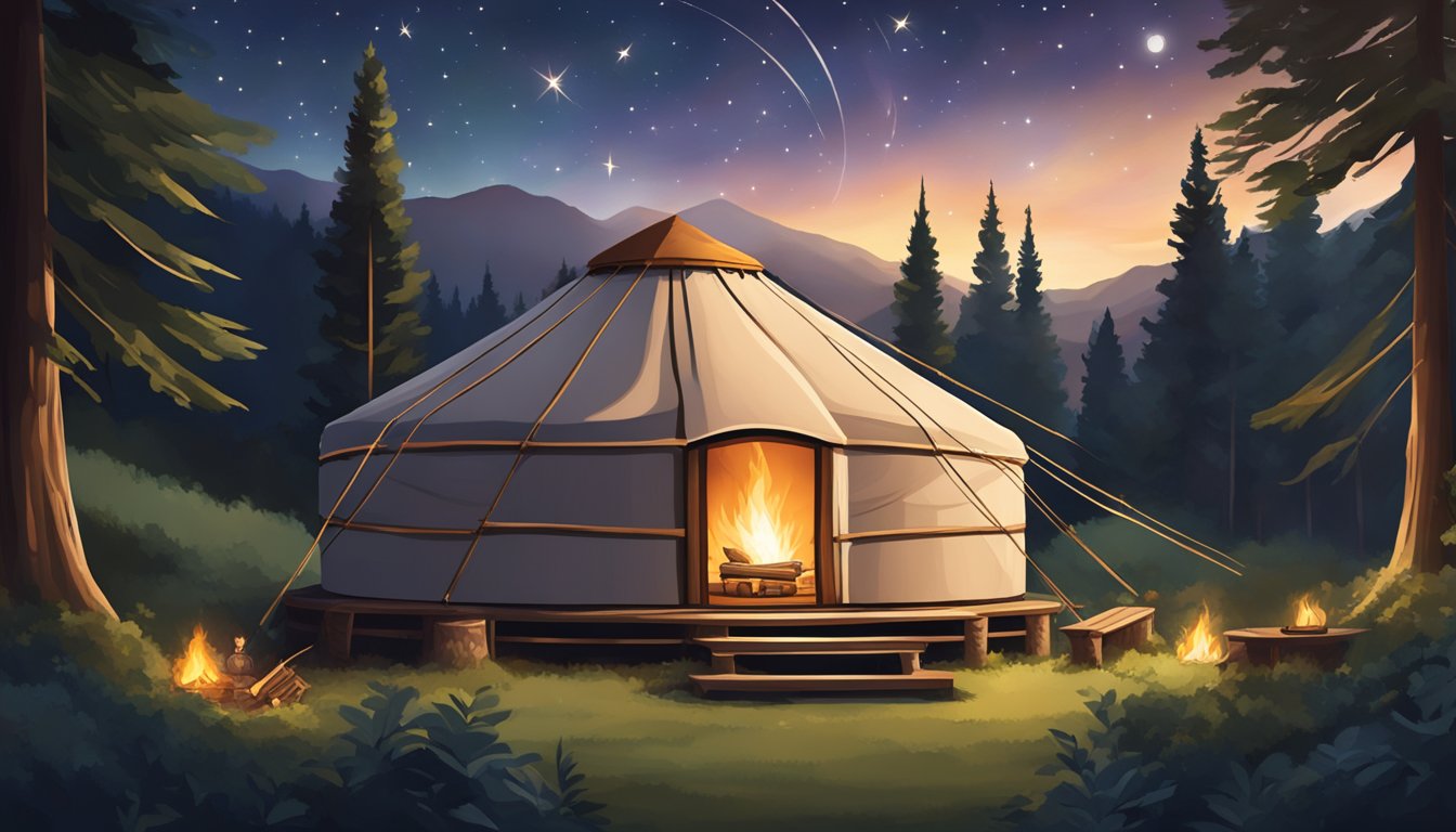 A cozy yurt nestled among the lush greenery of the Smoky Mountains, with a crackling campfire and twinkling stars overhead