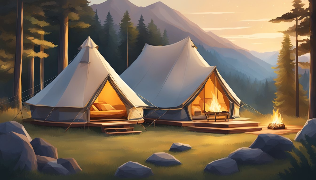 A cozy glamping site nestled in the Smoky Mountains, complete with luxurious amenities and features such as a spacious tent, comfortable bedding, and a crackling campfire