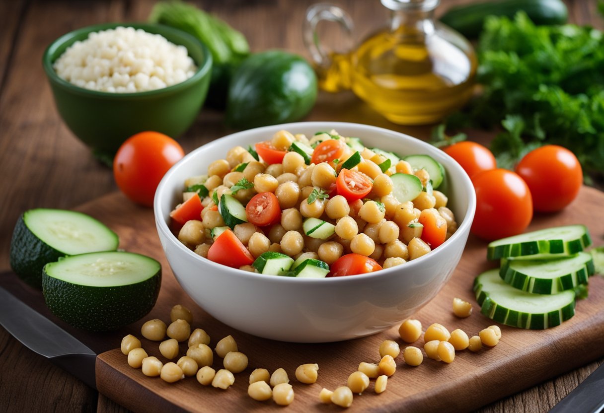 A bowl of chickpea salad with cucumber and tomato, ingredients laid out on a wooden cutting board, a knife and a mixing bowl nearby