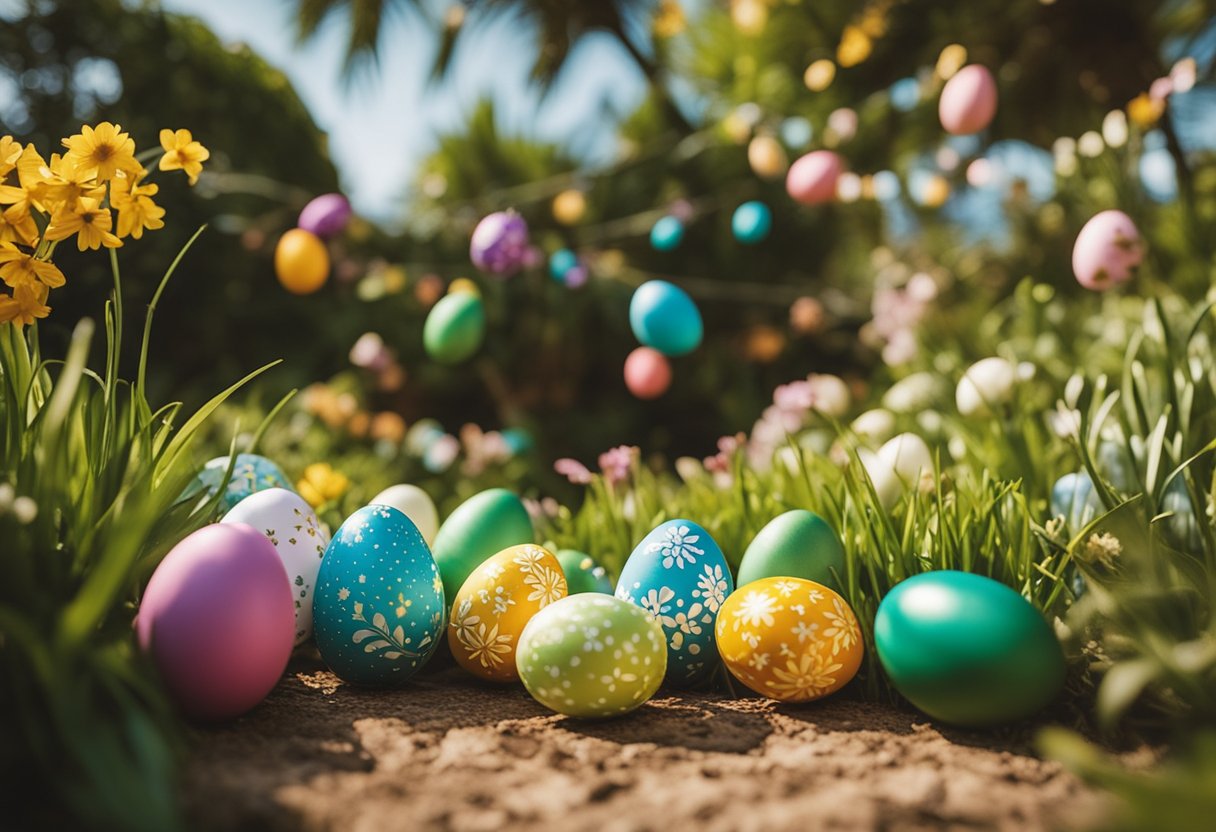 A colorful Easter egg hunt in a lush Portuguese garden, with traditional decorations and festive atmosphere