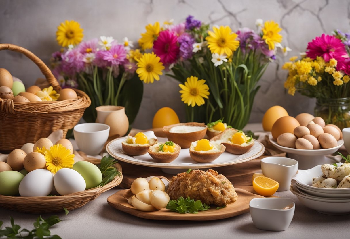 A table set with traditional Portuguese Easter foods, including folar and codfish, surrounded by colorful flowers and decorated eggs