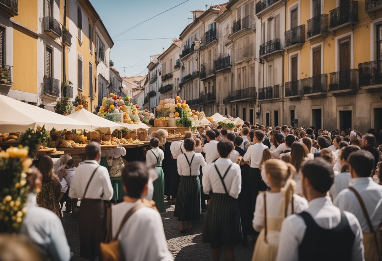 A traditional Portuguese Easter scene with colorful processions, decorated streets, and people enjoying festive food and music