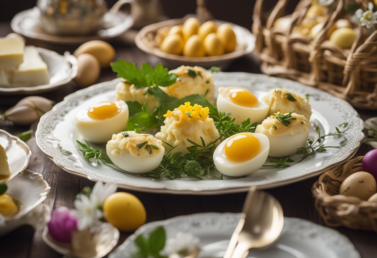 A table set with traditional Portuguese Easter dishes, including bacalhau, folar and sweet treats. Decorated with colorful eggs and flowers