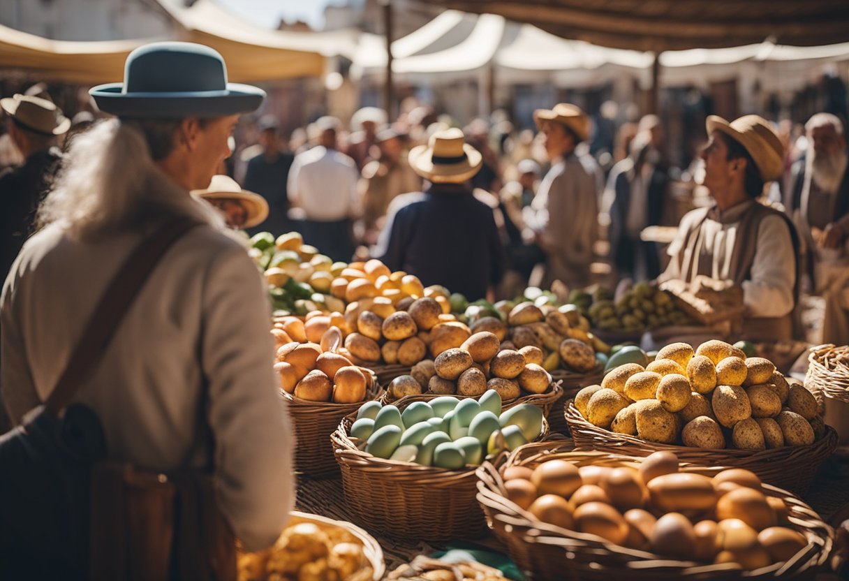 A colorful Easter market in Portugal, with vendors selling traditional crafts and local delicacies. People gather to watch folk dances and listen to live music