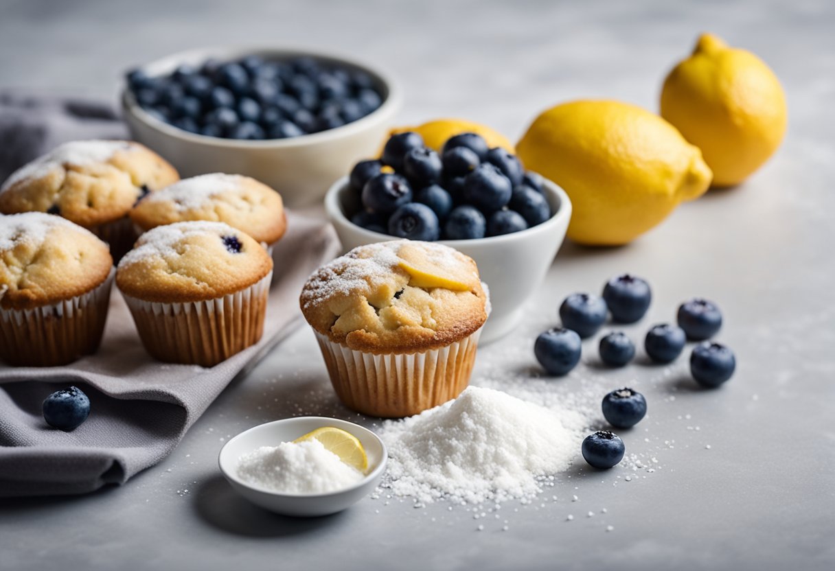 Blueberry and lemon muffin ingredients arranged on a clean kitchen counter, with a bowl of fresh blueberries, a zested lemon, and measuring cups of flour and sugar