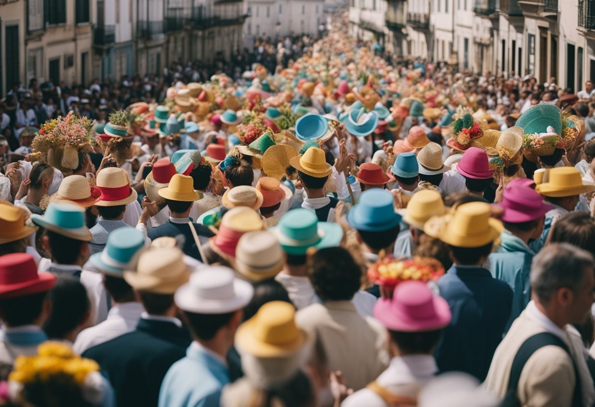 A colorful Easter festival in Portugal, with traditional processions, decorated streets, and joyful gatherings