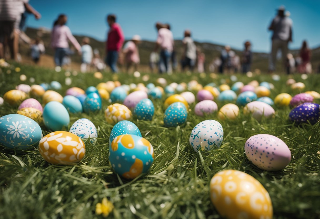 Families and children gathering for Easter activities in Portugal. Decorated eggs, traditional games, and festive decorations fill the scene