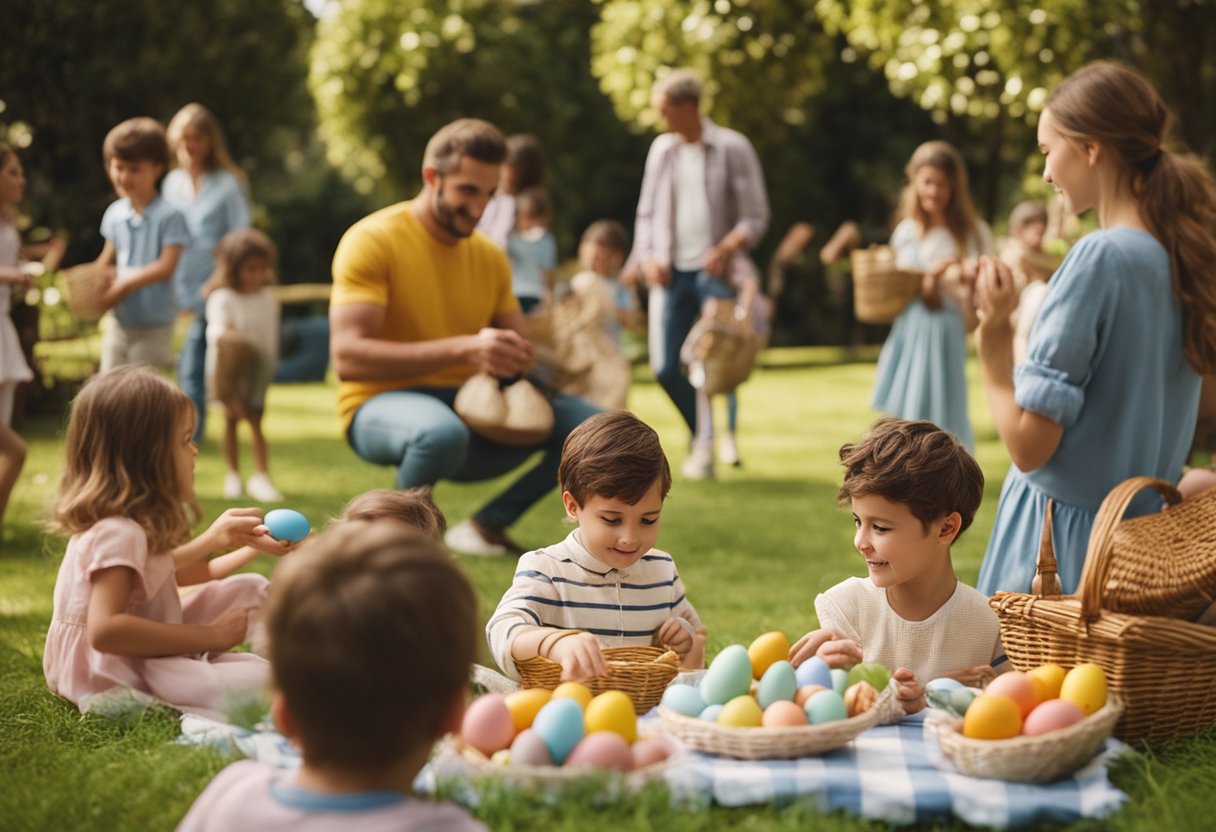 A colorful Easter egg hunt in a lush Portuguese garden, with families enjoying picnics and traditional music in the background