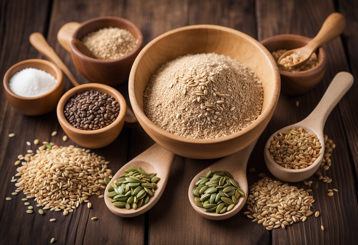 A mixing bowl with whole wheat flour, flaxseeds, and various seeds, surrounded by measuring cups and spoons, and a wooden spoon for mixing