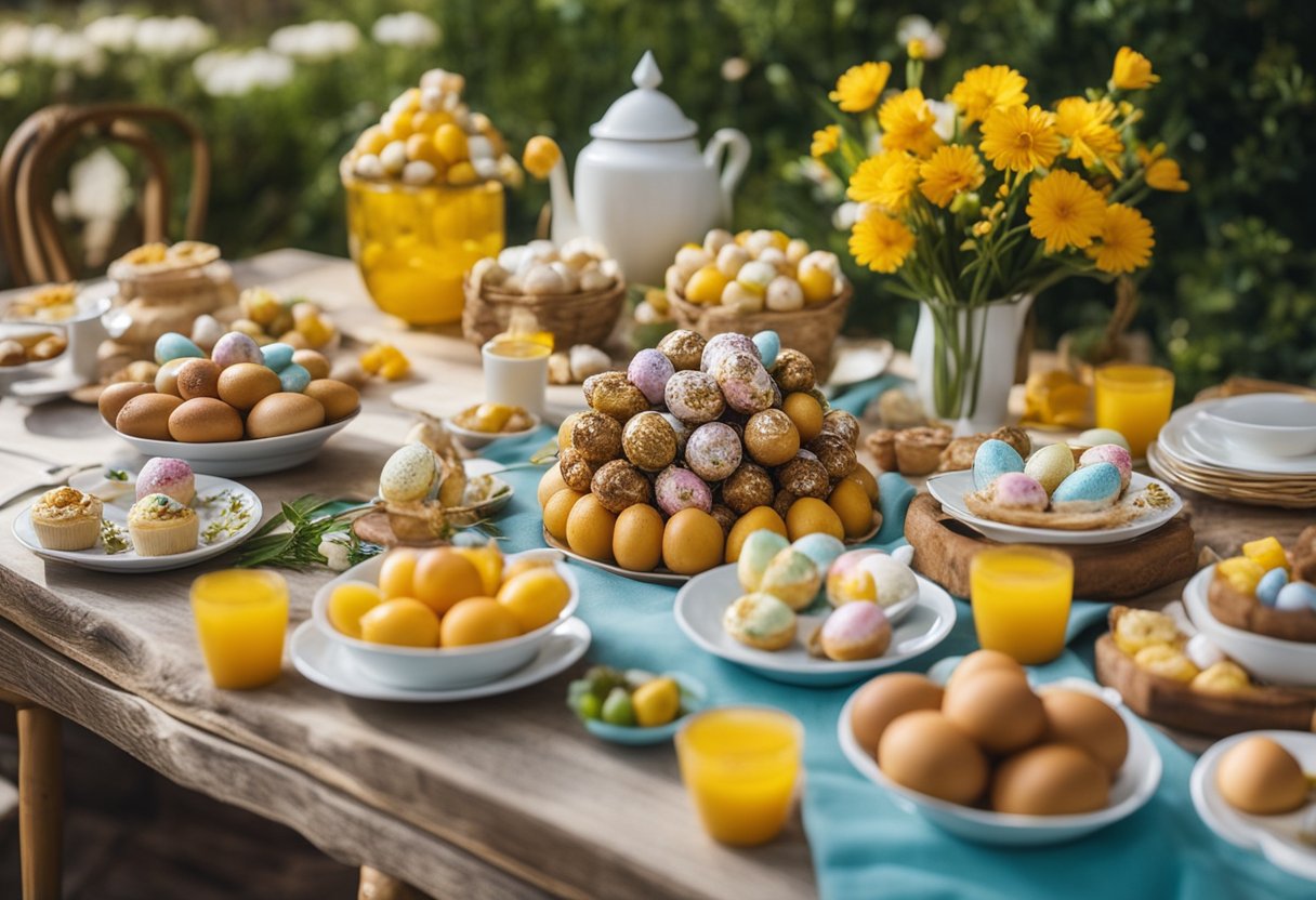 A table adorned with traditional Portuguese Easter treats, surrounded by colorful flowers and festive decorations