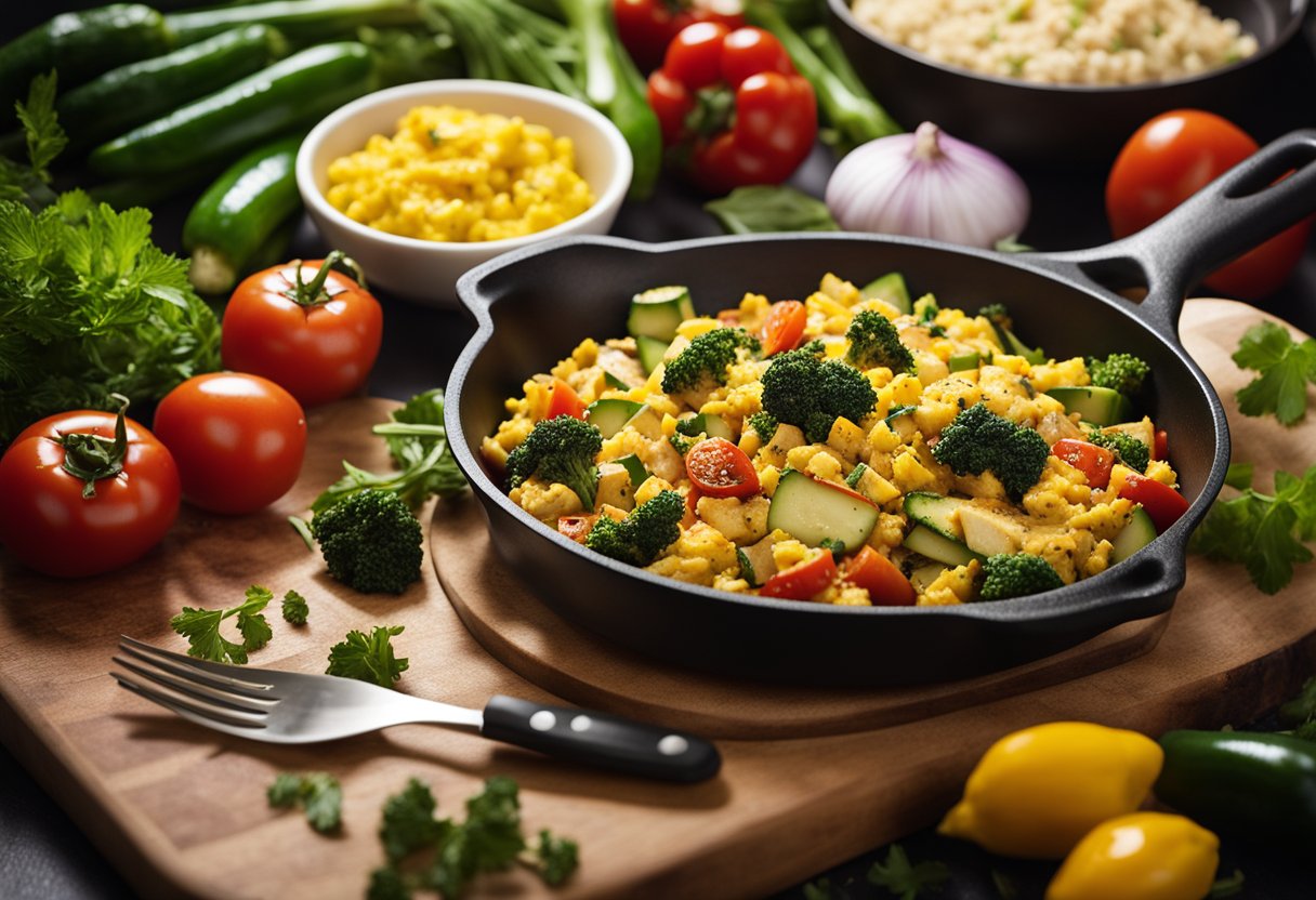 A skillet sizzles with tofu scramble and grilled vegetables. Ingredients are neatly arranged on a cutting board nearby