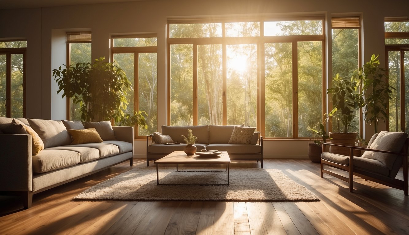 A serene living room with bamboo flooring, sunlight streaming in through large windows, showcasing the durability and natural beauty of the material