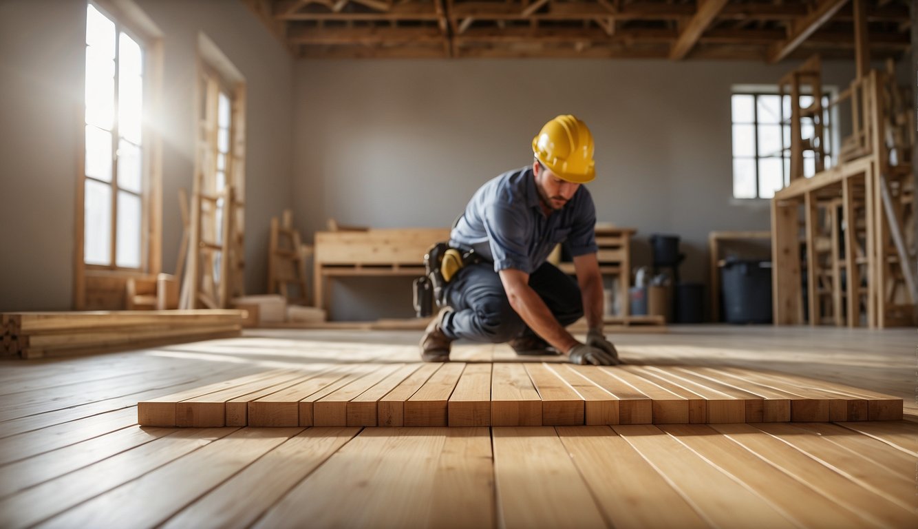 A worker lays down bamboo flooring in a well-lit room, carefully aligning each plank. Tools and materials are neatly organized nearby