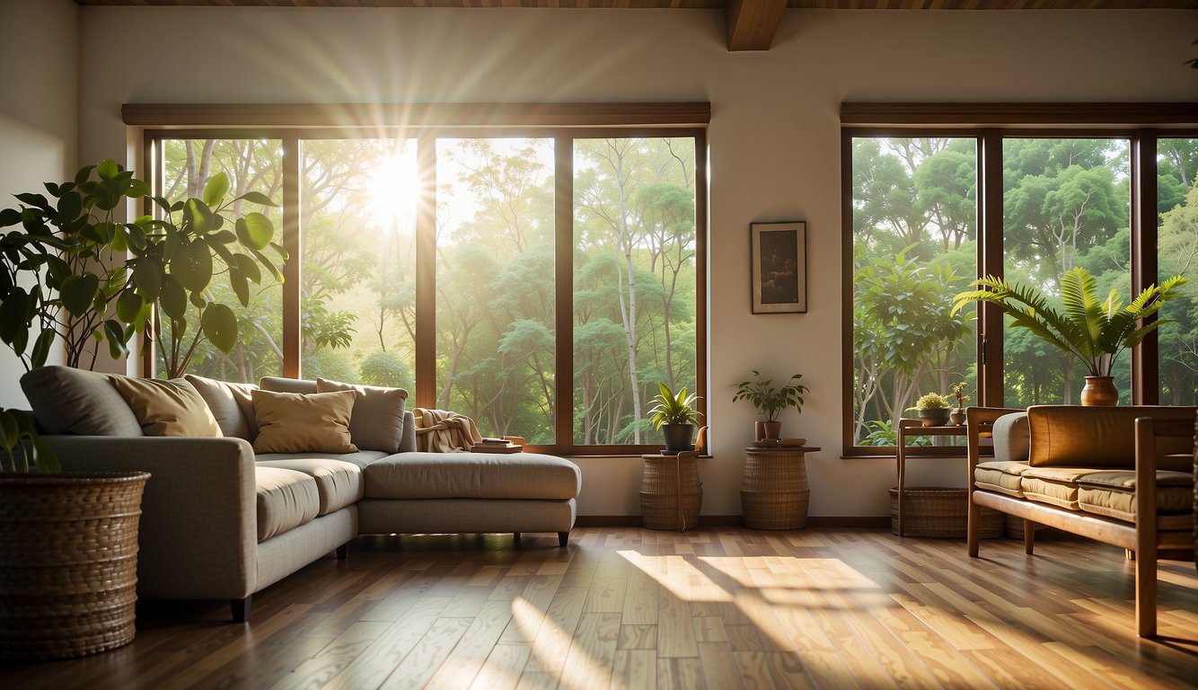 A serene living room with bamboo flooring, sunlight streaming in through the window, showcasing the natural grain and texture of the bamboo