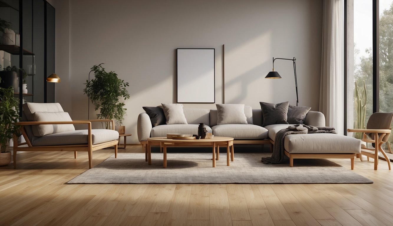 A modern living room with sleek bamboo flooring, accented with minimalistic furniture and natural lighting