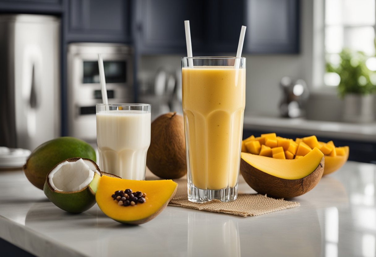 Mango and coconut smoothie ingredients arranged on a kitchen counter. Mango, coconut, blender, and glass with a straw