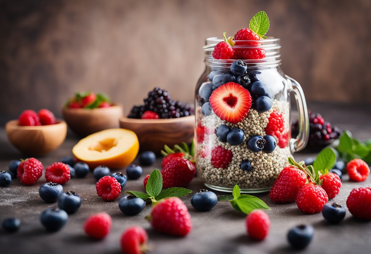 A glass jar filled with chia pudding topped with a vibrant assortment of red berries and fruits, surrounded by scattered chia seeds and a drizzle of honey