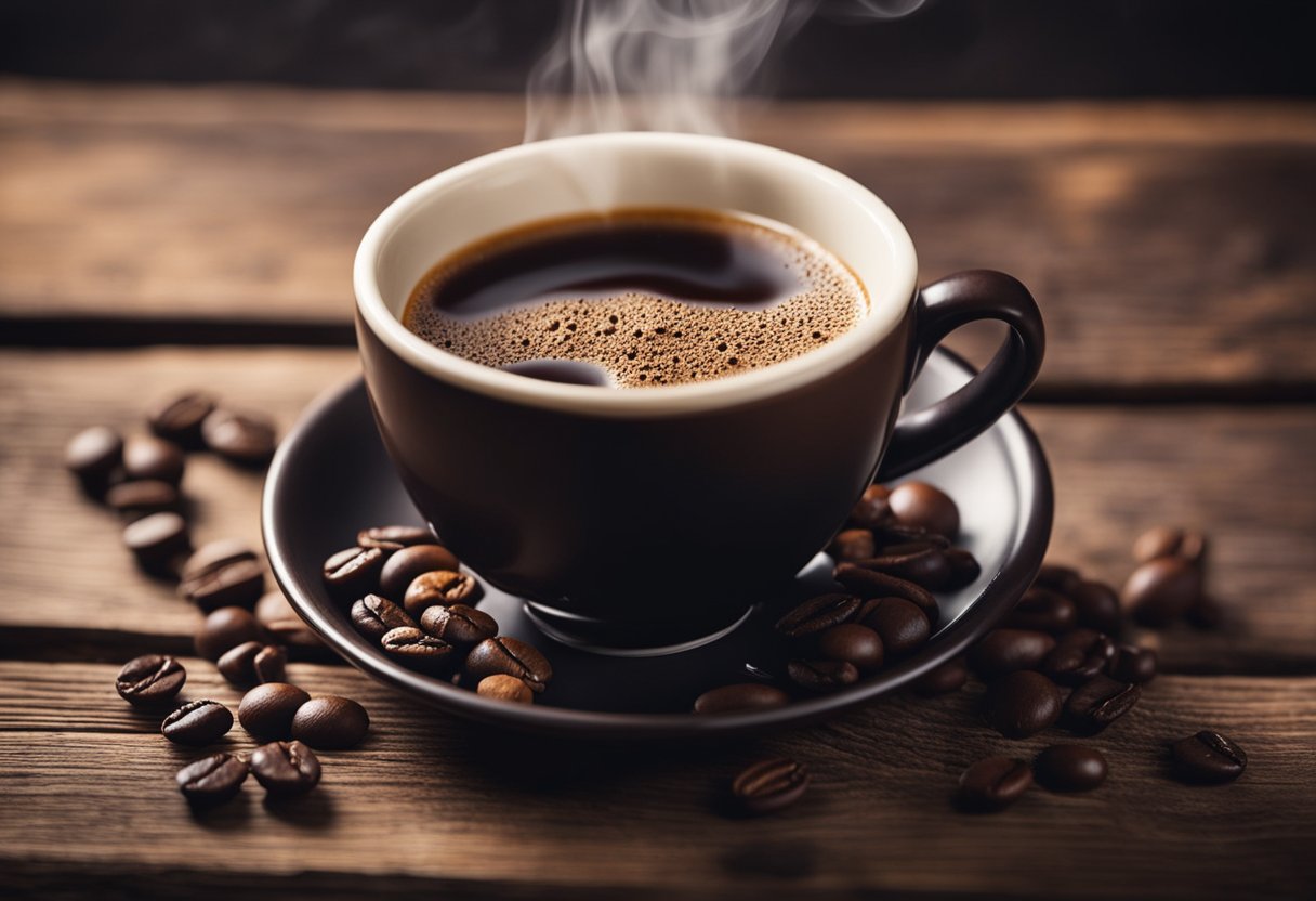 A steaming cup of Arabica coffee sits on a rustic wooden table, emitting a rich aroma. The liquid is a deep brown color, swirling with hints of caramel and chocolate