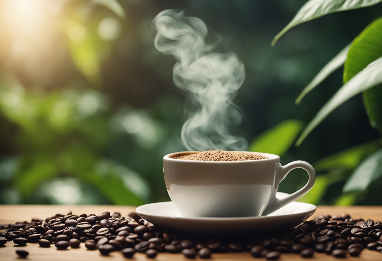 A steaming cup of Arabica coffee, rich aroma wafting through the air, surrounded by coffee beans and a lush coffee plant in the background