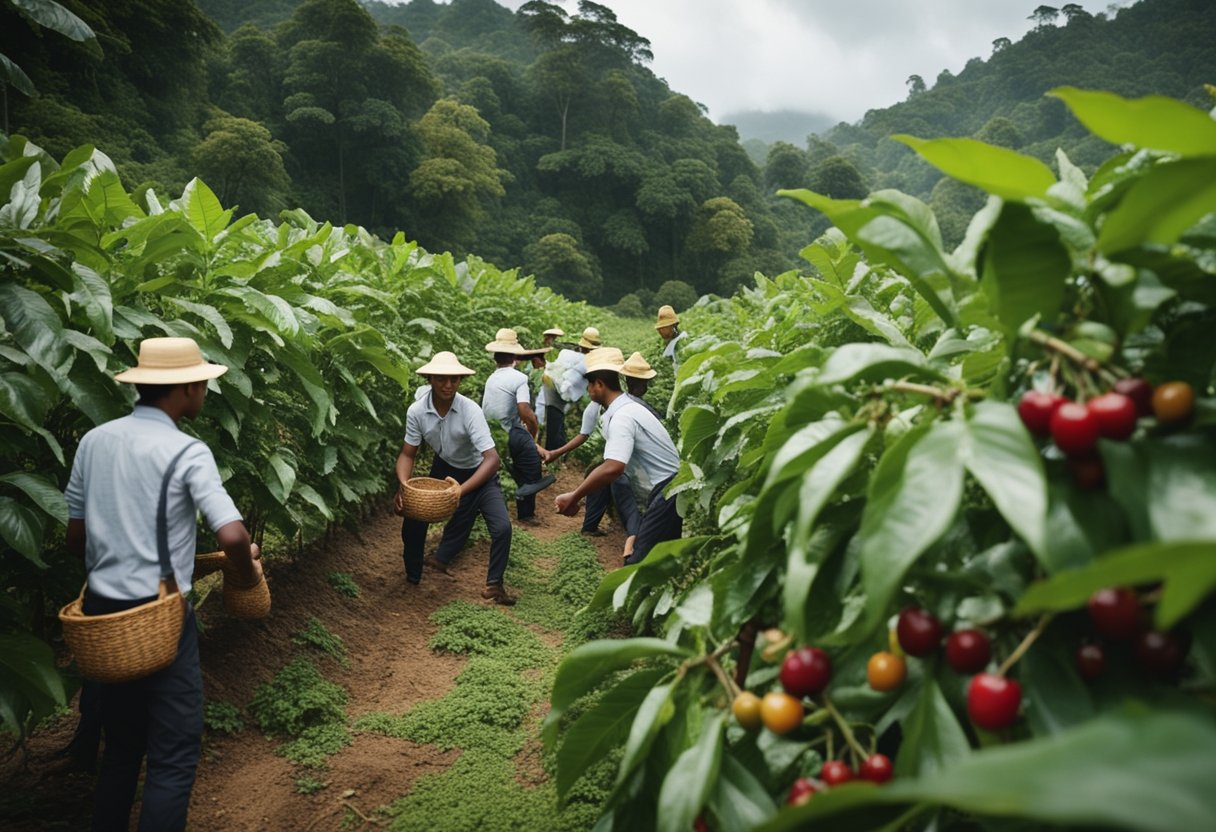 Lush coffee plants with ripe red cherries, surrounded by workers harvesting and processing beans. Rich aroma of freshly roasted arabica coffee fills the air