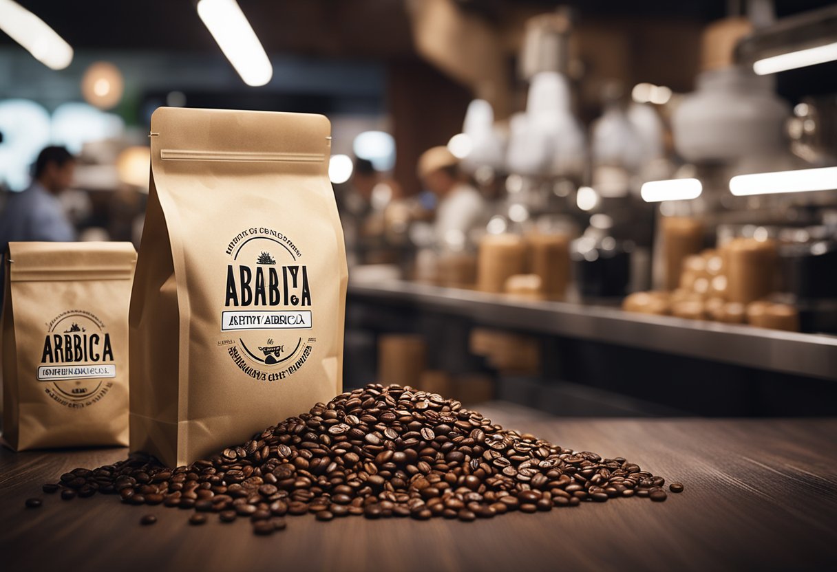 A bustling coffee market with bags of arabica beans, a sign reading "Quality Arabica Coffee," and a cup filled with rich, smooth coffee