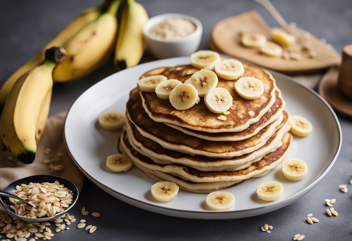 A bowl of mashed bananas and oats, a whisk, a frying pan, and a plate of golden brown banana and oat pancakes