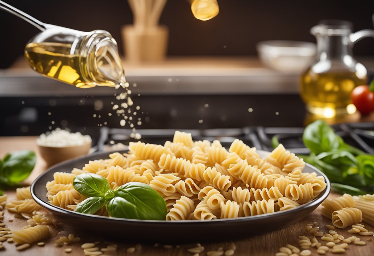 Whole wheat pasta cooking in boiling water, while a rich tomato sauce simmers on the stove. Ingredients like garlic, olive oil, and fresh basil are laid out on the counter