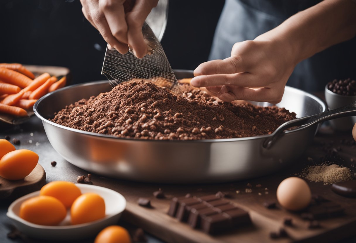 Carrots being grated, eggs being cracked, flour being sifted, batter being poured into a cake pan, chocolate being melted for the frosting