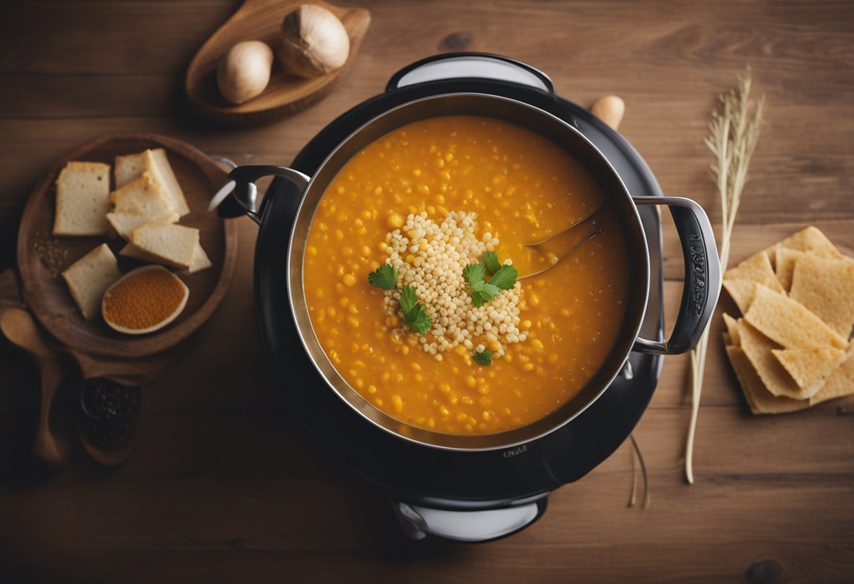 A pot simmers on a stove, filled with red lentils, turmeric, and coconut milk. Aromatic steam rises as a wooden spoon stirs the fragrant soup