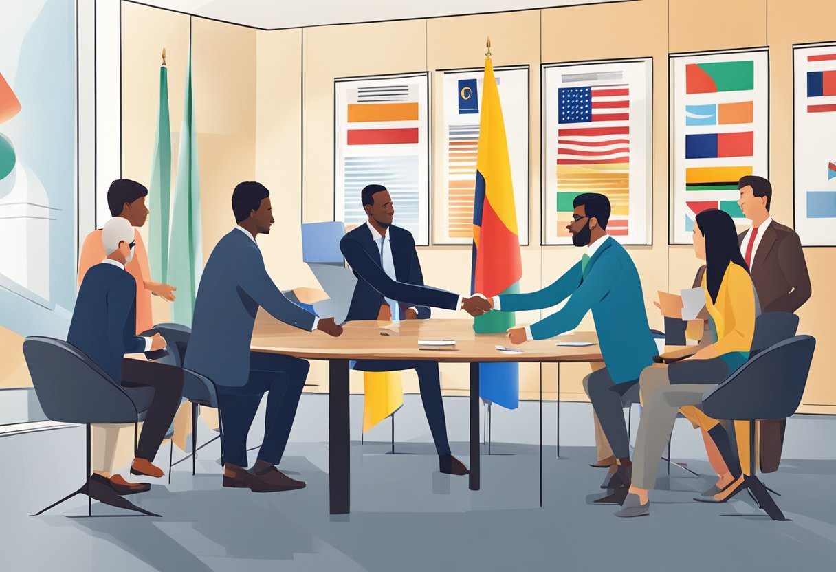 A global business meeting with diverse flags, people shaking hands, and exchanging business cards in a modern conference room