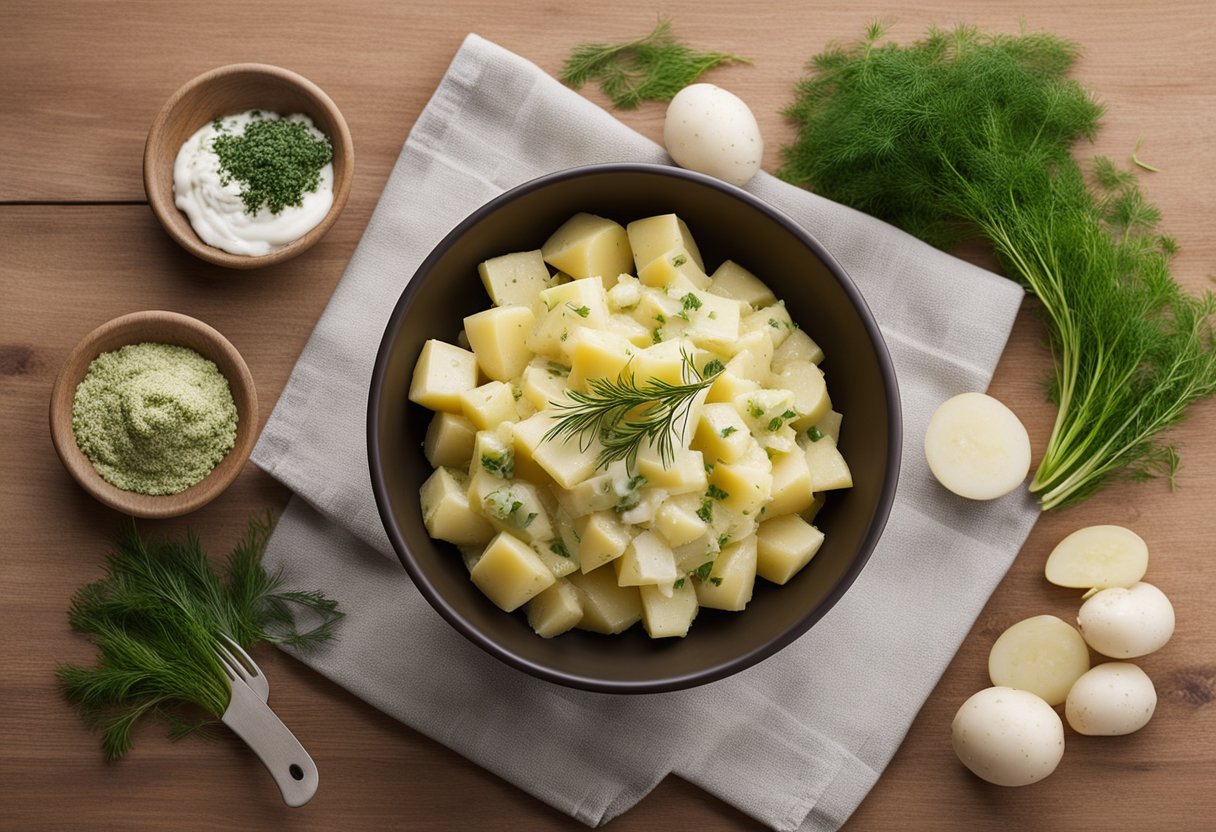 A bowl of potato salad with mustard and dill being mixed together with a spoon. Ingredients like potatoes, mustard, and dill are visible on the countertop