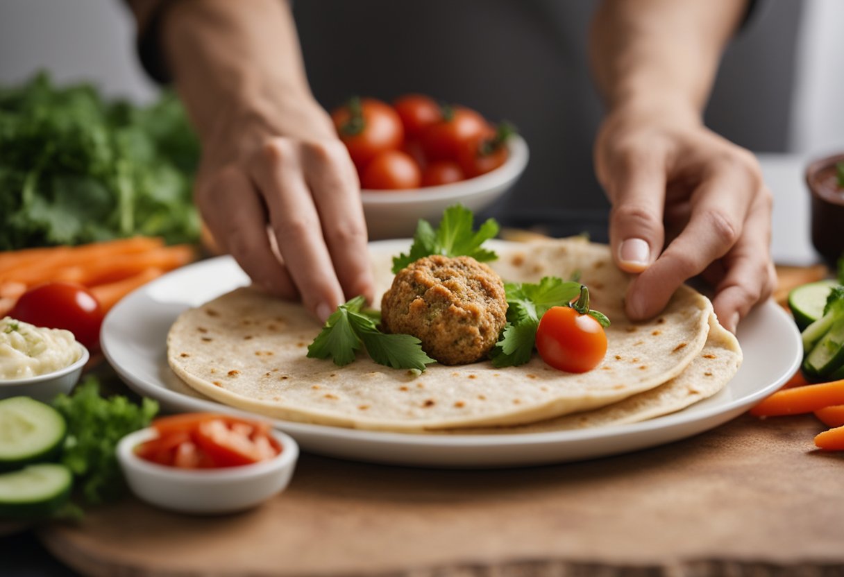 A hand is spreading homemade hummus on a warm tortilla. Falafel balls are placed on top, followed by a layer of fresh vegetables. The tortilla is then carefully rolled into a wrap