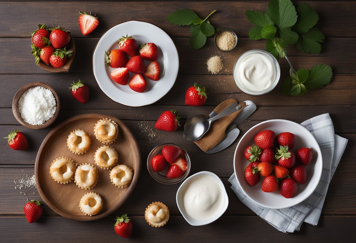 A table set with ingredients: strawberries, coconut cream, pastry shells. A mixing bowl, whisk, and spatula. A recipe book open to "Tartelette de Morango e Creme de Coco."