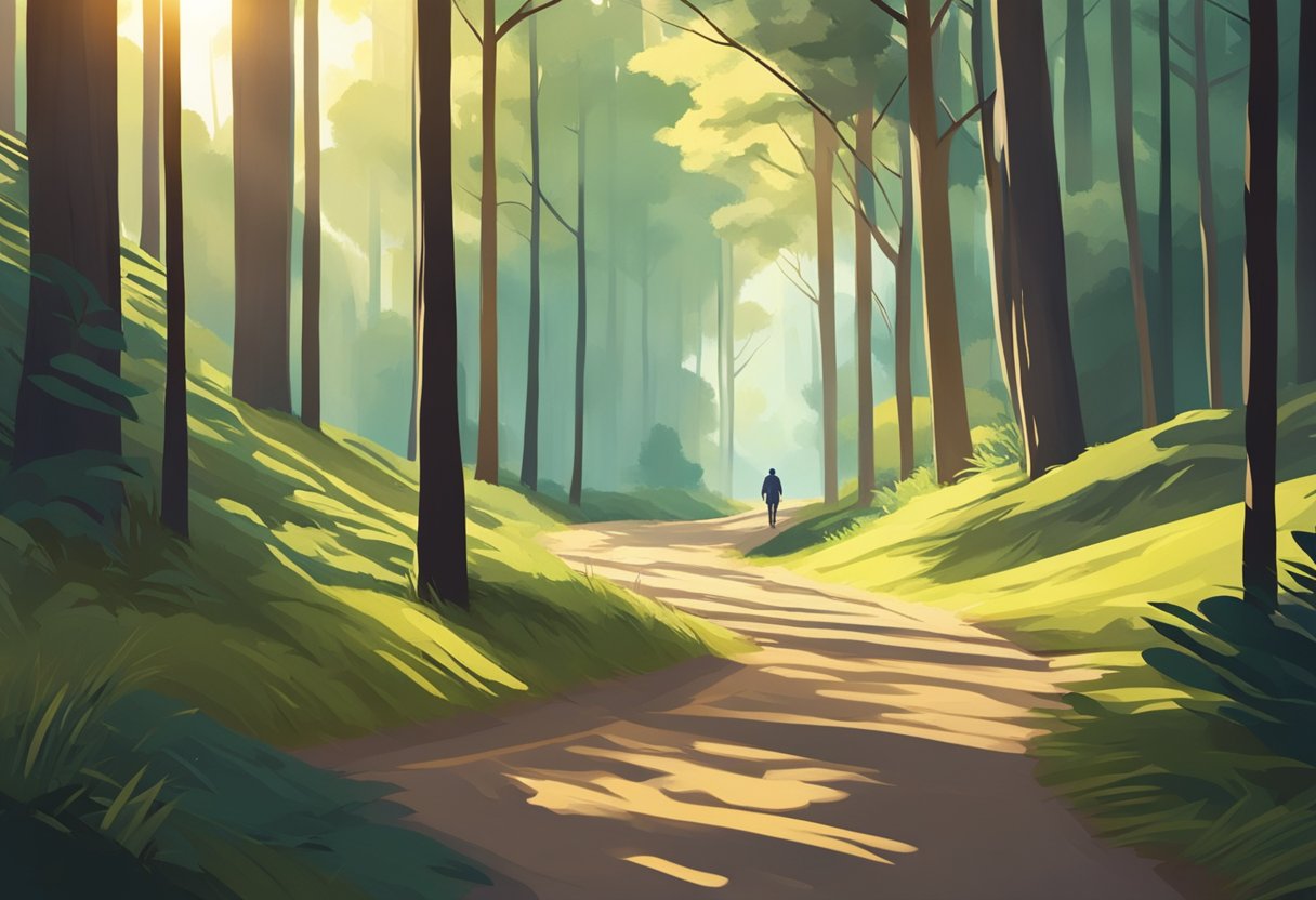 A trail winds through a peaceful forest, stretching into the distance. The sun casts long shadows as a lone figure runs with determination