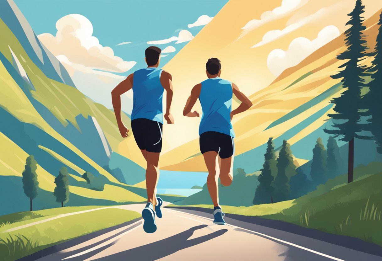A runner laces up their shoes, stretches, and takes off down a long, winding road, surrounded by scenic landscapes and a clear blue sky
