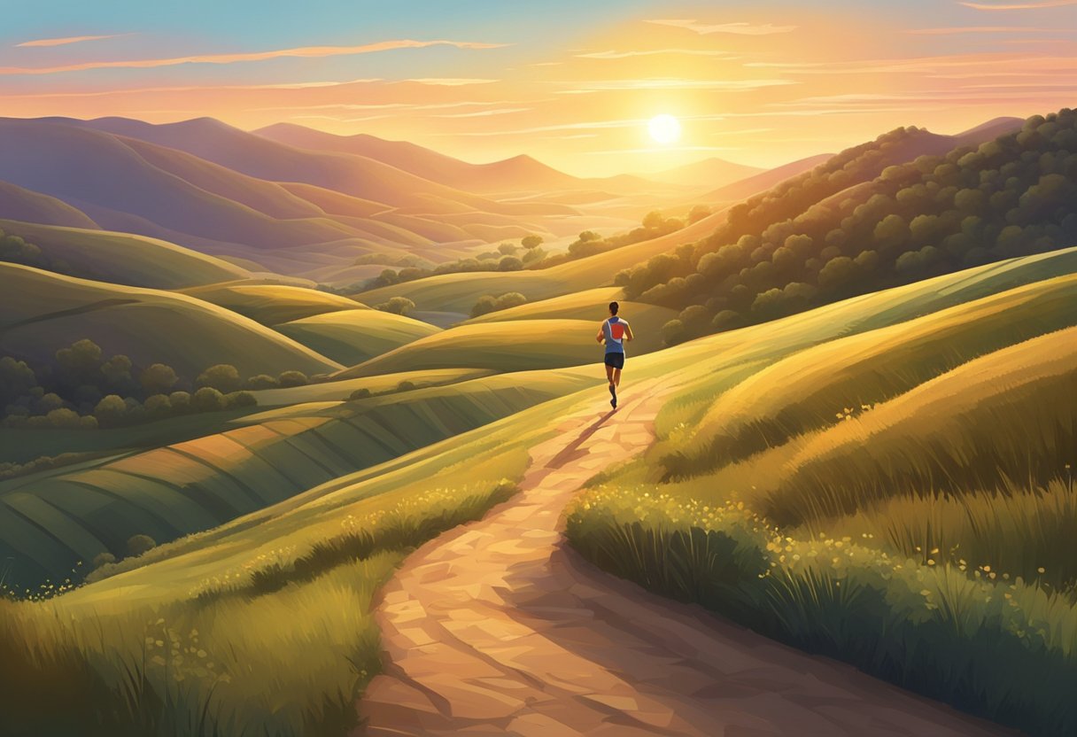 A lone runner conquers a winding path through a scenic, hilly landscape. The sun sets in the distance, casting a warm glow over the runner's determined stride