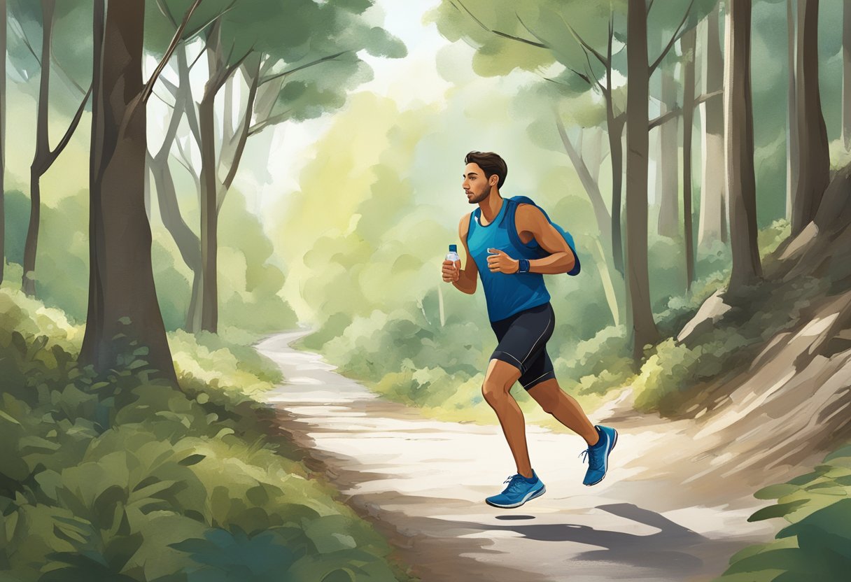 A runner on a trail, surrounded by trees, wearing running shoes and a water bottle, following a map and a training plan